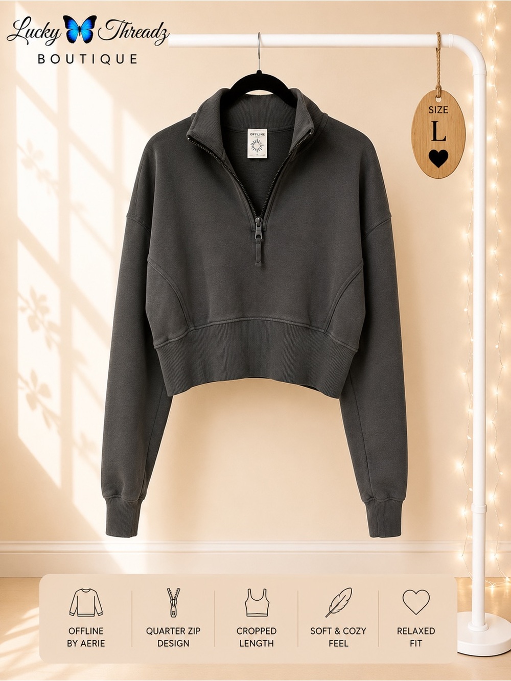 OFFLINE by Aerie Charcoal Cropped Quarter Zip Sweatshirt L